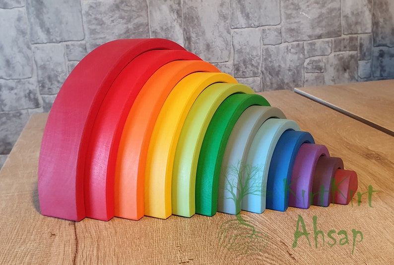 Wooden Waldorf Rainbow Stacker Toy Grimms Style 1 Age 12 pcs. Montessori Stacking Open Ended Educational Gift for Toddlers Rainbow