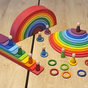 Waldorf Regenbogen Stacker Spielzeug-Set aus Holz im Grimms-Stil + 1 Alter Montessori-Lernspielzeug für Kleinkinder