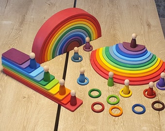 Wooden Waldorf Rainbow Stacker Toy Set Grimms Style +1 Age Montessori Stacking Open Ended Educational Gifts for Toddlers