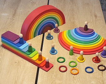 Wooden Waldorf Rainbow Stacker Toy Grimms Style Large 12 pcs. Montessori Stacking Open Ended Educational Toys and Gifts for toddlers