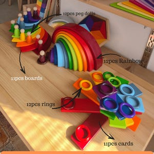 May include: A 58-piece wooden toy set featuring a rainbow arch, 12 peg dolls, 11 boards, 11 cards, and 12 rings. The set includes various colorful components labeled as 12pcs peg dolls, 11pcs boards, 12pcs Rainbow, 12pcs rings, and 11pcs cards.