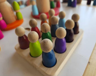Peg Dolls & Plate Set, Rainbow, Montessori Toys Gift, Imaginative Open Ended Play