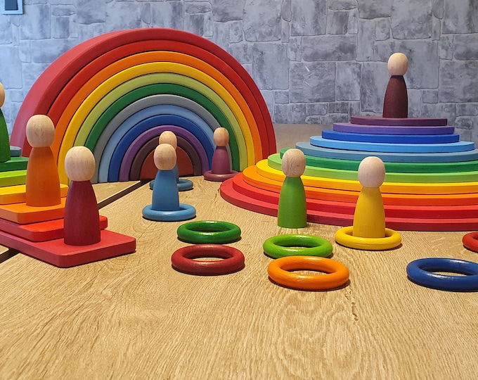 Featured listing image: Wooden Rainbow Stacker Toy Set Grimms Style Large Montessori Stacking Open Ended Educational Toys and Gifts for Toddlers