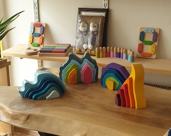 Wooden Rainbow Elements Stacker Grimms Style Montessori Open Ended Educational Gift