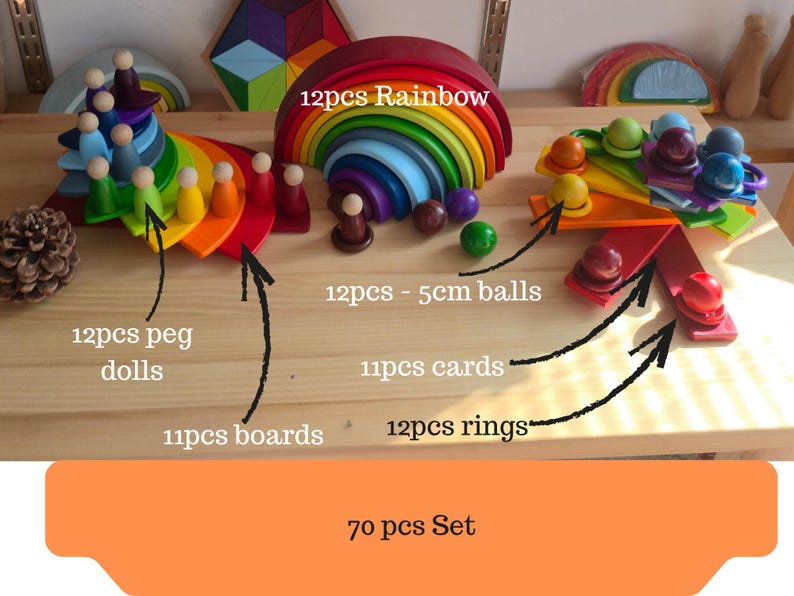 May include: A 70-piece wooden toy set featuring a 12-piece rainbow arch, 12 peg dolls, 11 boards, 12 rings, 11 cards, and 12 5cm balls. The set includes various colorful components arranged on a wooden surface with text labels identifying each group.