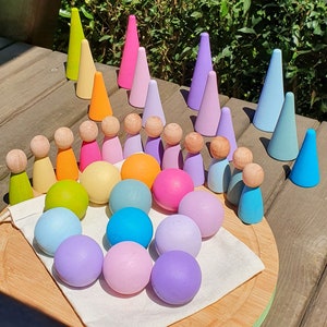 Waldorf Pastel Pegs + Balls + Pyramids Set Montessori Open Ended Toys Handmade Peg Dolls Nins, Pyramids and Balls 36 pcs.