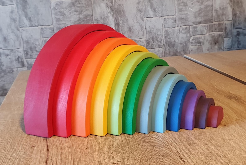 KırtKırt Wooden Pastel Rainbow Stacker | Montessori Learning Material | Waldorf Inspired Rainbow | Open Ended Wooden Set Rainbow 12 pcs