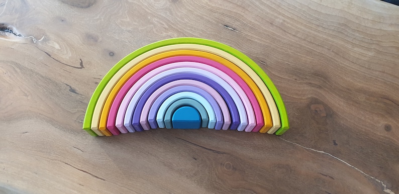 Holz Waldorf Regenbogen Stacker Spielzeug Grimms Style 1 Alter 12-tlg. Montessori Stacking Open Ended Lerngeschenk für Kleinkinder Pastel