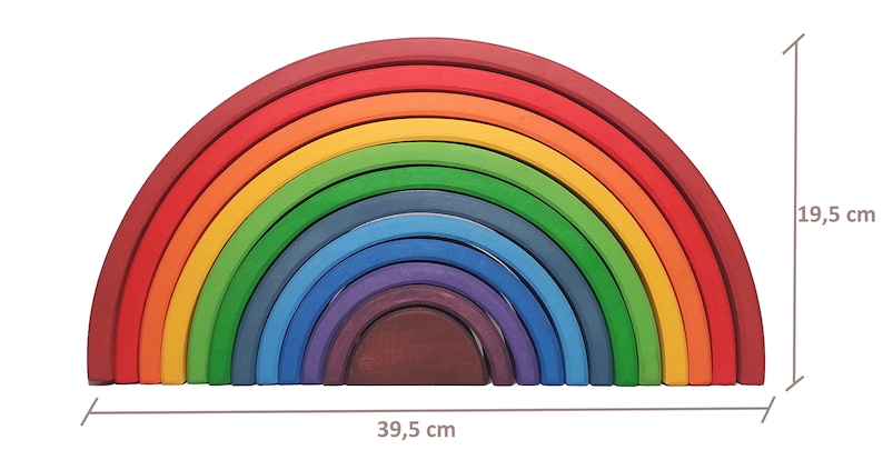 May include: A rainbow-colored wooden arch made of 12 pieces. The arch is 19.5 inches tall and 39.5 inches wide. The pieces are arranged in a rainbow pattern, with the largest piece at the top and the smallest piece at the bottom.