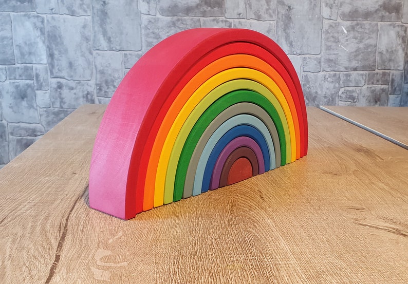 Holz Waldorf Regenbogen Stacker Spielzeug Grimms Style 1 Alter 12-tlg. Montessori Stacking Open Ended Lerngeschenk für Kleinkinder Bild 5