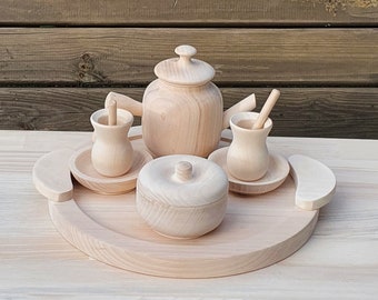 Wooden Kitchen Cooking Tea Set 11 Pcs. Play Toys Food Set Teapot, Sugar Bowl,Tea Cups Spoon Plate, Tray gifts for kids