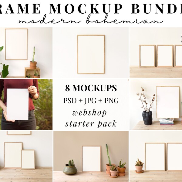 Frame Mockup Bundle, Boho Home Frame Mockup Bundle, Etsy Shop Frame Mockups, Minimalist Frame Mockup With Plants, Photo Frame Mock Up Design