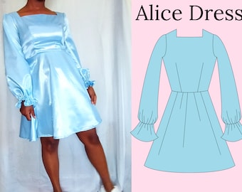 Puff Sleeve Square Neck Dress Sewing Pattern, Sizes 6 - 26, Plus Size, PDF