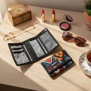 Può includere: Un portafoglio nero aperto con interno grigio e un portafoglio nero chiuso con un design floreale colorato. Inoltre, un piccolo scrigno di legno, una collana d'oro, occhiali da sole, rossetto, fard e una tazza di tè.