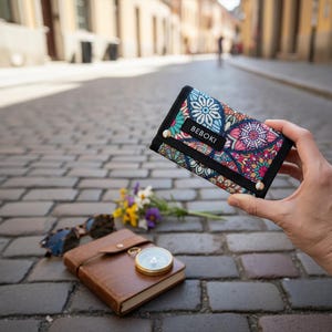 Puede incluir: Se muestra una colorida cartera con un diseño floral de mandala. La cartera tiene la palabra "BEBOKI" impresa. También se ven un diario de cuero, una brújula y gafas de sol.