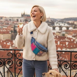 Może przedstawiać: Kobieta w kremowym kardiganie z białym futrzanym kołnierzem i niebieską, różową i wzorzystą nerką. Trzyma kieliszek szampana i się uśmiecha. W pobliżu znajduje się pies rasy golden retriever.