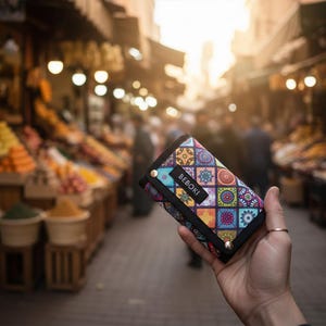 Puede incluir: Una mano sostiene una colorida cartera con un patrón geométrico de azulejos en tonos azules, naranjas, amarillos y morados. La cartera tiene un borde negro y la palabra "BEBOKI" está impresa en una etiqueta negra. El fondo es un mercado borroso.