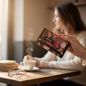 Può includere: Un portafoglio colorato con un motivo a foglie viene mostrato. Sul portafoglio è stampata la scritta "BEBOKI". Lo sfondo include un tavolo, una tazza di caffè e un paio di occhiali.