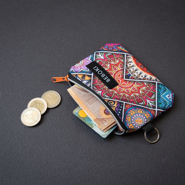 BEBOKI Mandala Women's Waterproof Small Wallet, Coin Purse, Padded Zip Pouch, Handmade Wallet, Black Small Zipper Wallet, Boho