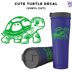 May include: A green turtle decal and two purple travel mugs with a green turtle design. The text "CUTE TURTLE DECAL" and "(VINYL CUT)" is at the top of the image. The Wolf Decals logo is in the upper right corner.