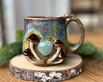 Mushroom cup with heart shape crystal, choose a color and gemstone, 10 oz handmade ceramic cup, mug with mineral, gift for crystal lover