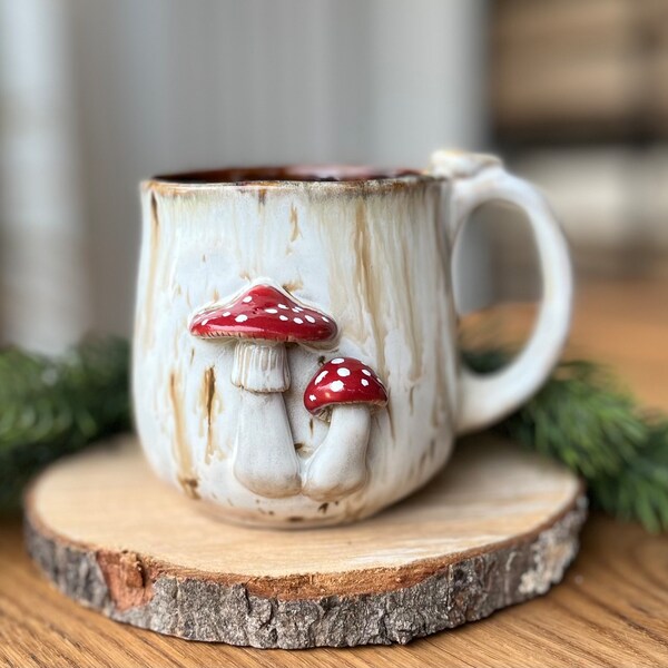 Amanita muscaria small mug, River birch, Ceramic mushroom cup, 3D cups, 10 oz, fly agaric cup handmade, coffee lover gift