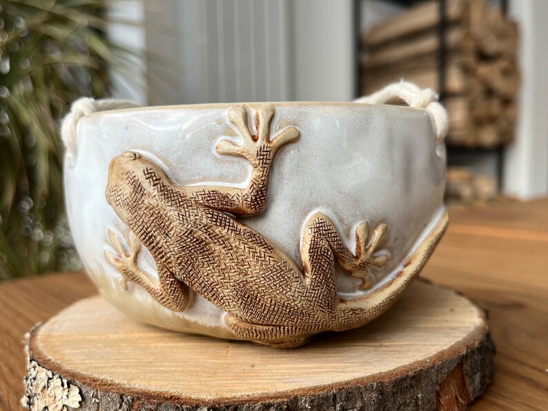 Hanging planter with lizard, macrame, Handmade ceramic planter, Unique pots, Succulent planter pot, ceramic pot for plants image 2