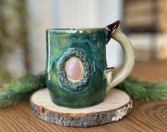 Crystal mug with Rose quartz, mushroom mug with crystal, stoneware handmade cup, 3D mug, forest mug gemstone, gift for crystal lover