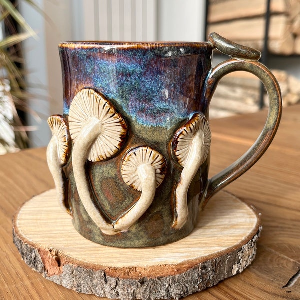 Mushroom mug handmade, 12 or 16 oz, stoneware mushroom cup, autumn harvest, 3D mug ceramic, pottery cups