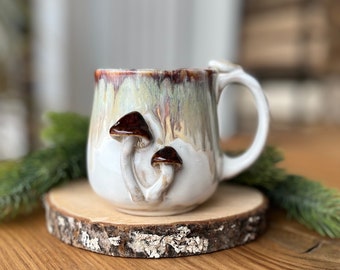 Ceramic mug with mushrooms, 10 fl oz pottery mug handmade, gift for him her, small coffee cup stoneware, 3d mug, earthy ceramics