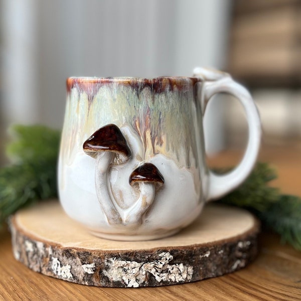 Ceramic mug with mushrooms, 10 fl oz pottery mug handmade, gift for him her, small coffee cup stoneware, 3d mug, earthy ceramics