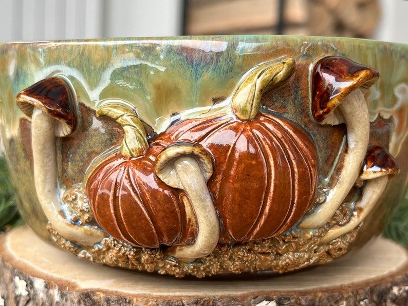 Bowl with pumpkins and mushrooms, funny bowl, cute mushrooms bowl, handmade ceramic pottery bowl, Kikii Art image 2