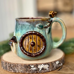 Hobbit house mug, Fairy cup, mushrooms, tree, Fantasy cup Handmade, 3D ceramic, stoneware