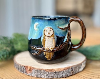 Ceramic owl mug, 300 ml, pottery mug handmade, small coffee cup stoneware, cute 3d cups