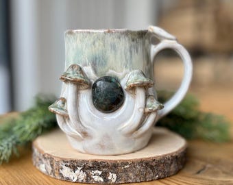 Mushroom mug with Labradorite, with quartz, stoneware handmade 3D mug, gemstone cup, gift for crystal lover, 12 fl oz / 350 ml