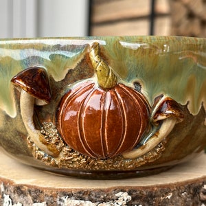 Bowl with pumpkins and mushrooms, funny bowl, cute mushrooms bowl, handmade ceramic pottery bowl, Kikii Art image 3