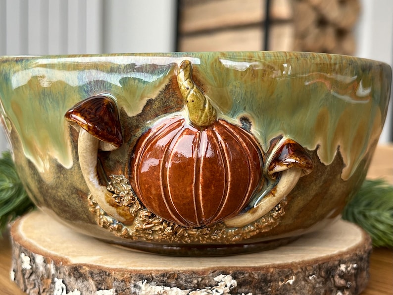 Bowl with pumpkins and mushrooms, funny bowl, cute mushrooms bowl, handmade ceramic pottery bowl, Kikii Art image 3