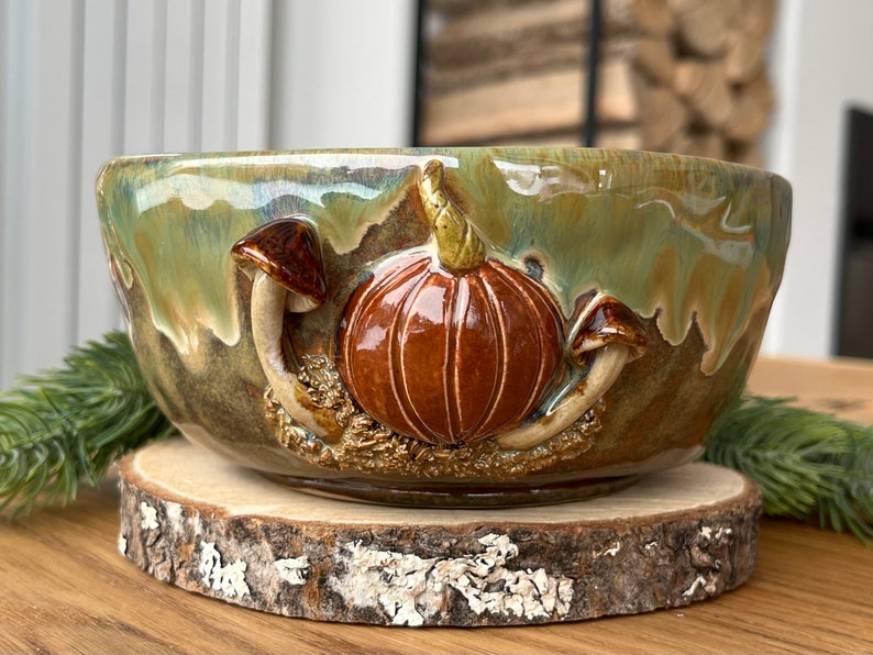Bowl with pumpkins and mushrooms, funny bowl, cute mushrooms bowl, handmade ceramic pottery bowl, Kikii Art image 4