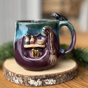 Witch mug with small crystals and crow, small 10 oz / 300 ml, Witch Aesthetic, Magic Mug, ceramic handmade cup, Mystical cup, pottery mug
