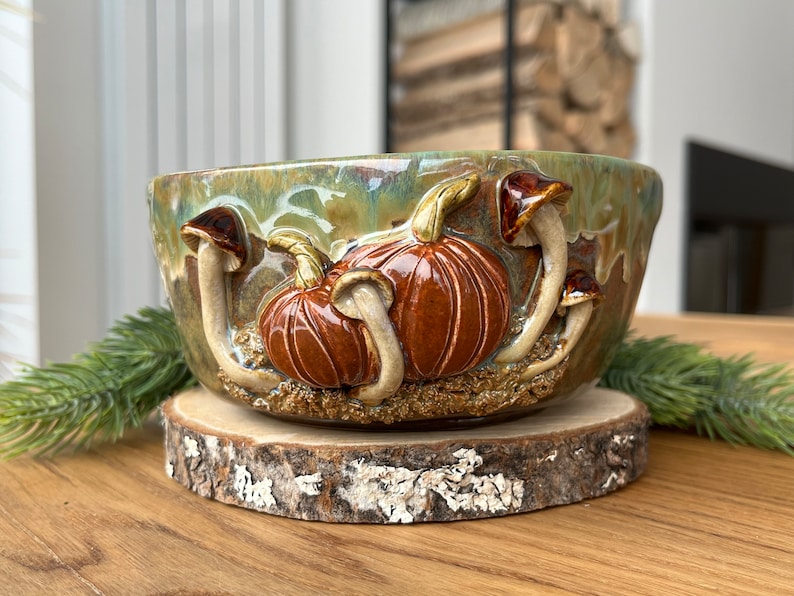 Bowl with pumpkins and mushrooms, funny bowl, cute mushrooms bowl, handmade ceramic pottery bowl, Kikii Art image 10