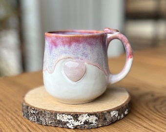 Mushroom mug with Rose quartz, small 10 oz, gemstone, ceramic handmade cup, mushroom forest mug with  crystal, mineral cups