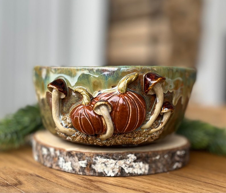Bowl with pumpkins and mushrooms, funny bowl, cute mushrooms bowl, handmade ceramic pottery bowl, Kikii Art image 1