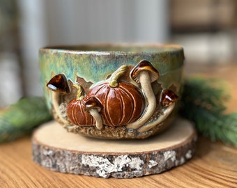 Bowl with pumpkins and mushrooms, funny bowl, cute mushrooms bowl, handmade ceramic pottery bowl, Kikii Art