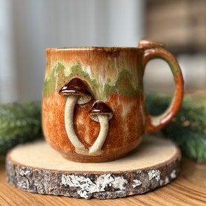 Handmade pottery cup with mushrooms, 10 fl oz, 3D small mug ceramic, coffee tea cups, mushroom forest mug, stoneware cup