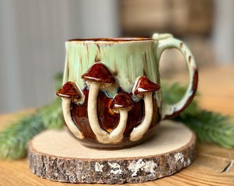 Ceramic cup with mushrooms,  coffee mug handmade, small, 10 fl oz / 300 ml, 3D pottery, forest, stoneware