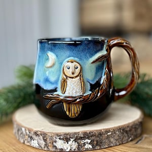 Ceramic owl mug, 300 ml, pottery mug handmade, small coffee cup stoneware, cute 3d cups
