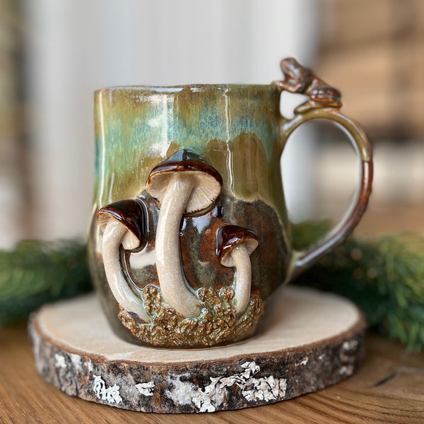 Magic mushroom mug, choose with frog, snail or thumb rest, pottery cups, earthy ceramics, handmade mushroom cup, 3D mug, unique forest style