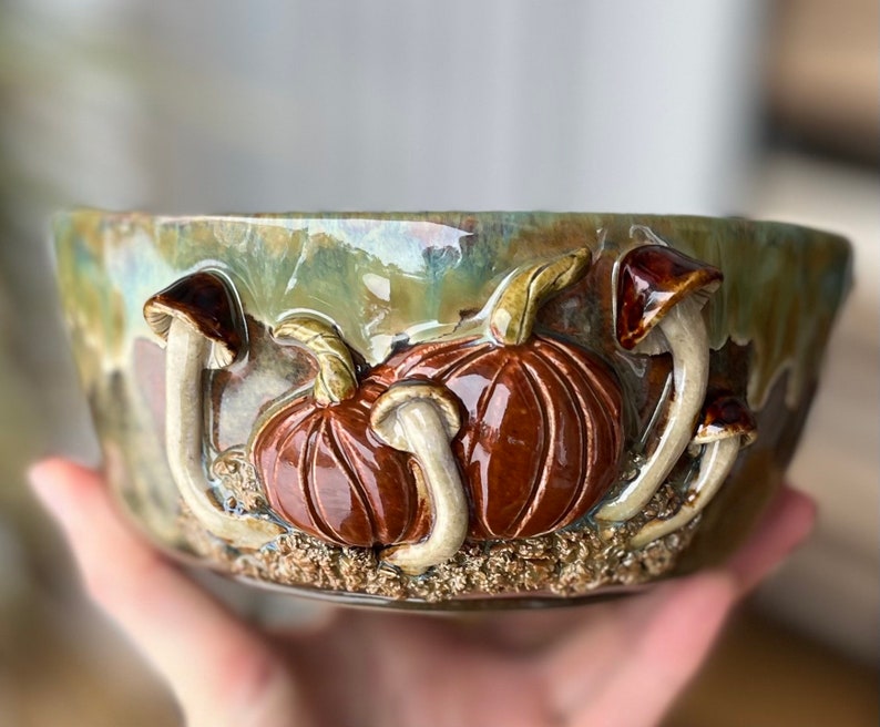 Bowl with pumpkins and mushrooms, funny bowl, cute mushrooms bowl, handmade ceramic pottery bowl, Kikii Art image 9