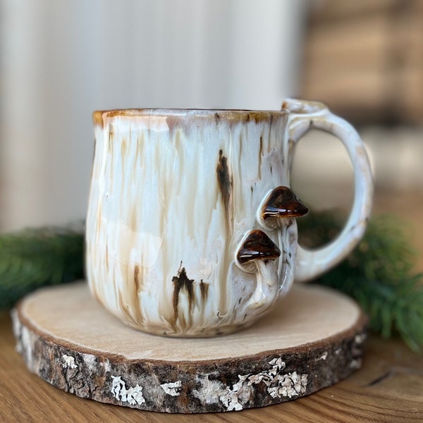 Small ceramic mug with mushrooms, River Birch, 10 fl oz pottery mug handmade, coffee cup stoneware, 3d ceramic mug, mushroom cup