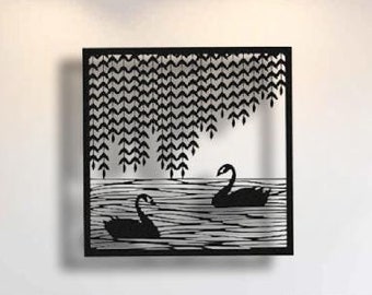 Schwan Metallwandkunst: Flussszene, geometrisches Hauptdekor